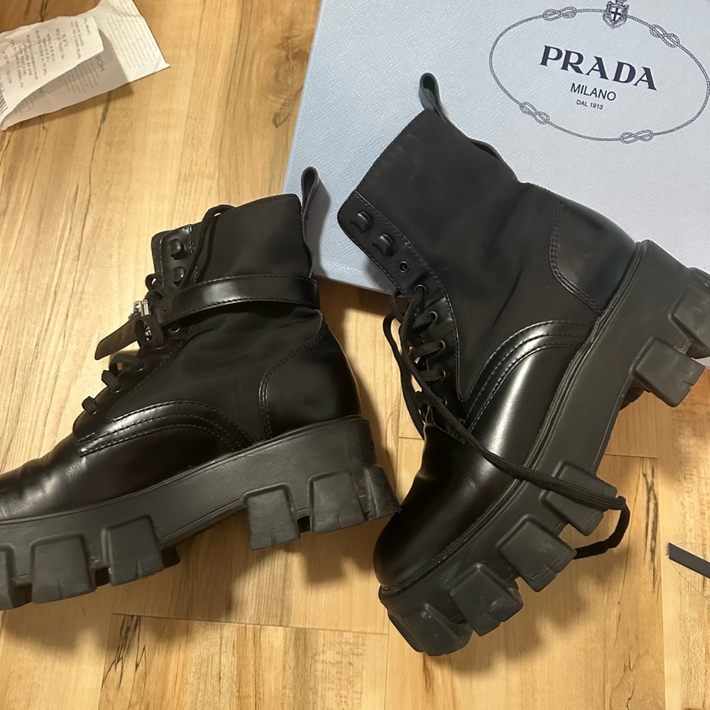 Prada Monolith Leather and Re-Nylon Combat Boots. - Picture 3 of 9